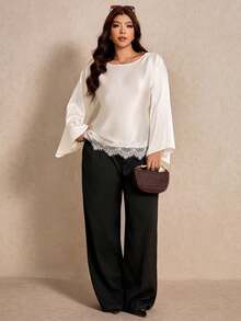 Elaquor Plus Size Women's Lace Patchwork Casual Versatile Daily Wear Blouse - Beige - View 1