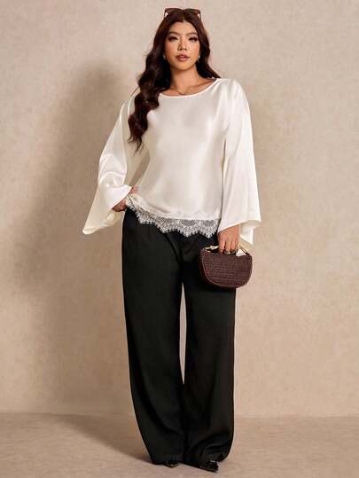 Elaquor Plus Size Women's Lace Patchwork Casual Versatile Daily Wear Blouse