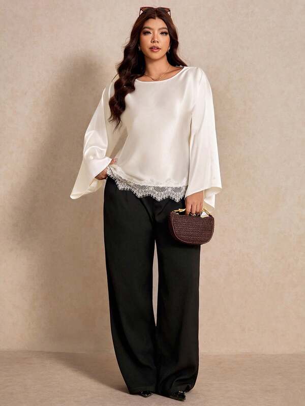 Elaquor Plus Size Women's Lace Patchwork Casual Versatile Daily Wear Blouse