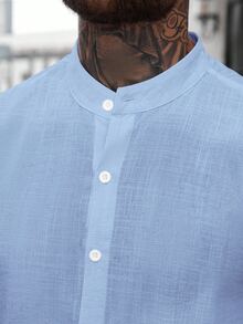 Manfinity CasualCool 2026 Spring Summer Men Mandarin Collar 3/4 Sleeve Textured Cotton Shirt, Baby Blue Lightweight Bubbl - Blue - View 5