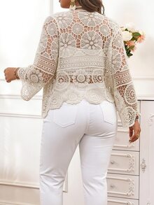 Reflora كارديجان محبوك طويل الأكمام بتفصيلة ربط أمامية، بلون سادة، مناسب للإجازات، مصمم بتفريغات - بيج - مشاهدة 2