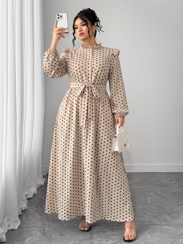 Elenzga Plus Size Stand Collar Long Sleeve Casual Dress Fall