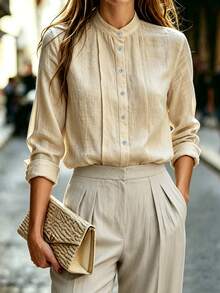 Trelyra Women's Solid Color Long Sleeve Single-Breasted Casual Commute Blouse - Apricot - View 1