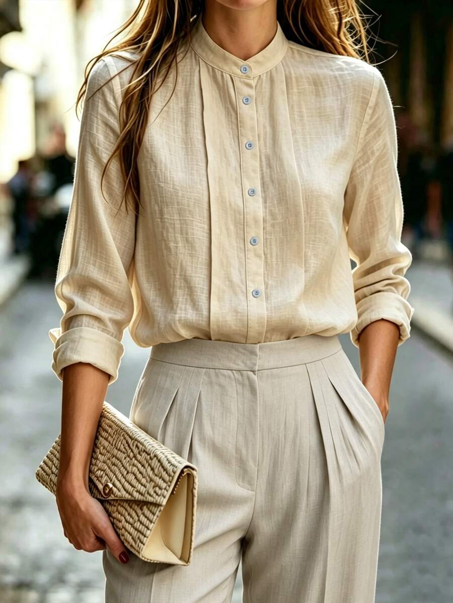 Trelyra Women's Solid Color Long Sleeve Single-Breasted Casual Commute Blouse - Apricot - View 1