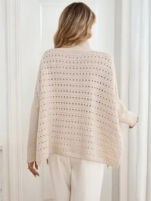 Sprig & Strand High Neck Pointelle Knit Batwing Sleeve Sweater Vacation Beige Fall Casual Elegant - Apricot - View 2