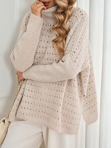 Sprig & Strand High Neck Pointelle Knit Batwing Sleeve Sweater Vacation Beige Fall Casual Elegant - Apricot - View 6
