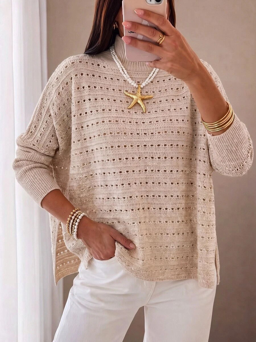 Sprig & Strand High Neck Pointelle Knit Batwing Sleeve Sweater Vacation Beige Fall Casual Elegant - Apricot - View 1