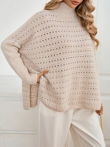 Sprig & Strand High Neck Pointelle Knit Batwing Sleeve Sweater Vacation Beige Fall Casual Elegant - Apricot - View 5
