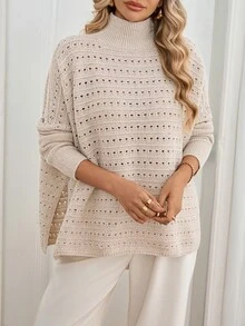 Sprig & Strand High Neck Pointelle Knit Batwing Sleeve Sweater Vacation Beige Fall Casual Elegant - Apricot - View 7