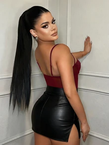 SHEIN SXY Bodysuit Bustier Wanita Seksi Warna Burgundy dengan Tali Bahu Tipis dan Motif Jala, Musim Semi/Panas - Burgundy - View 2
