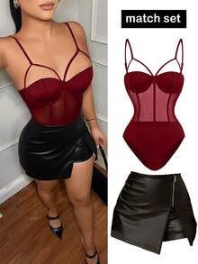 SHEIN SXY Bodysuit Bustier Wanita Seksi Warna Burgundy dengan Tali Bahu Tipis dan Motif Jala, Musim Semi/Panas - Burgundy - View 1