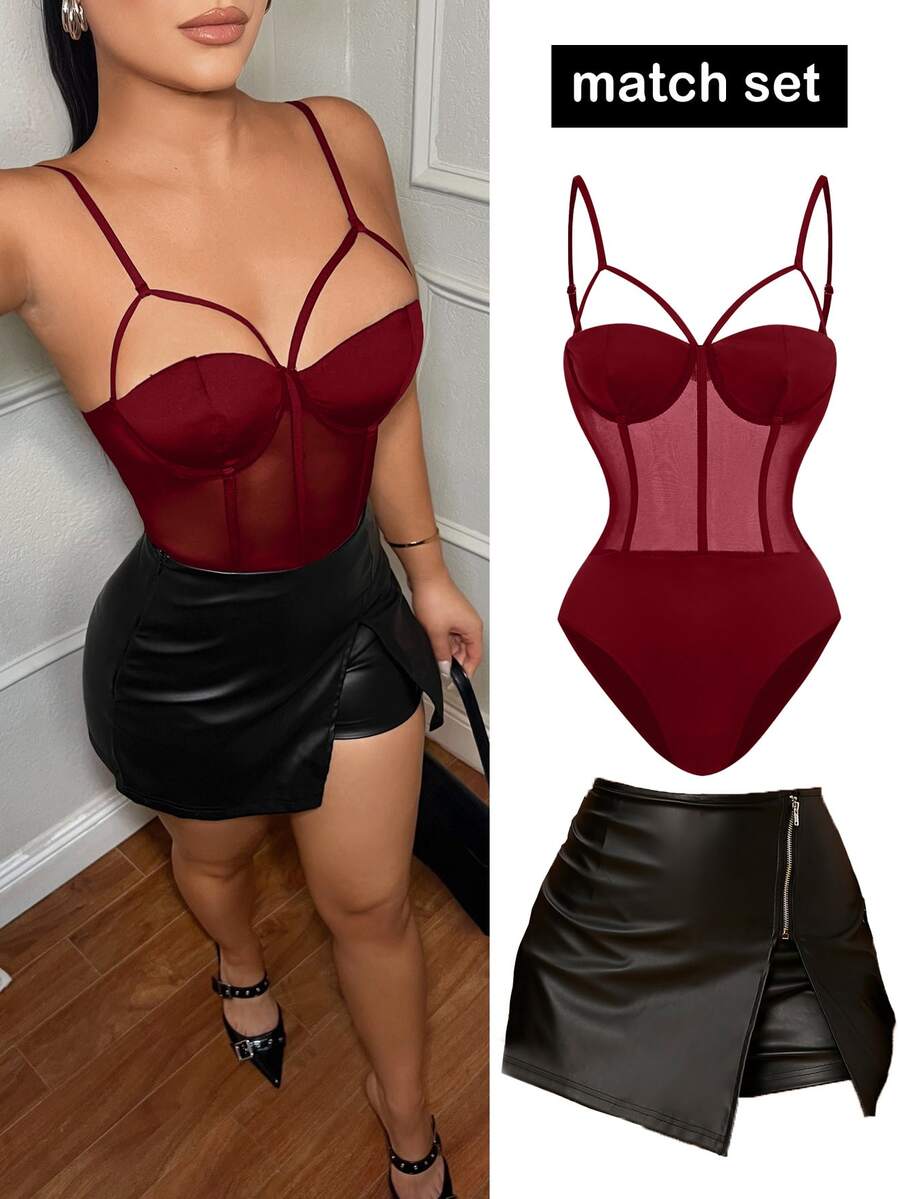 SHEIN SXY Bodysuit Bustier Wanita Seksi Warna Burgundy dengan Tali Bahu Tipis dan Motif Jala, Musim Semi/Panas - Burgundy - View 1