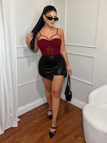 SHEIN SXY Bodysuit Bustier Wanita Seksi Warna Burgundy dengan Tali Bahu Tipis dan Motif Jala, Musim Semi/Panas - Burgundy - View 7