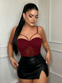 SHEIN SXY Bodysuit Bustier Wanita Seksi Warna Burgundy dengan Tali Bahu Tipis dan Motif Jala, Musim Semi/Panas - Burgundy - View 3