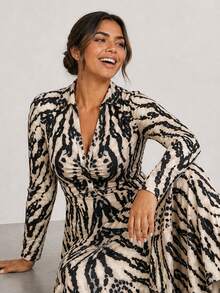 ELLERISSA Plus Size Multicolor Animal Print Collared Long Sleeve Ruched Front Midi Dress Fall - Multicolor - View 6