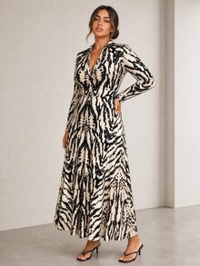 ELLERISSA Plus Size Multicolor Animal Print Collared Long Sleeve Ruched Front Midi Dress Fall - Multicolor - View 3