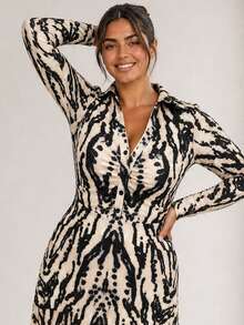 ELLERISSA Plus Size Multicolor Animal Print Collared Long Sleeve Ruched Front Midi Dress Fall - Multicolor - View 5