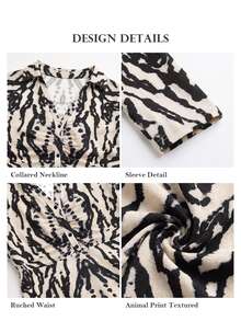 ELLERISSA Plus Size Multicolor Animal Print Collared Long Sleeve Ruched Front Midi Dress Fall - Multicolor - View 7