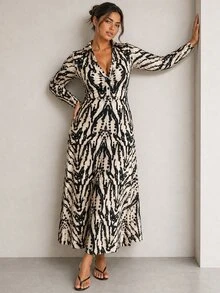 ELLERISSA Plus Size Multicolor Animal Print Collared Long Sleeve Ruched Front Midi Dress Fall - Multicolor - View 1