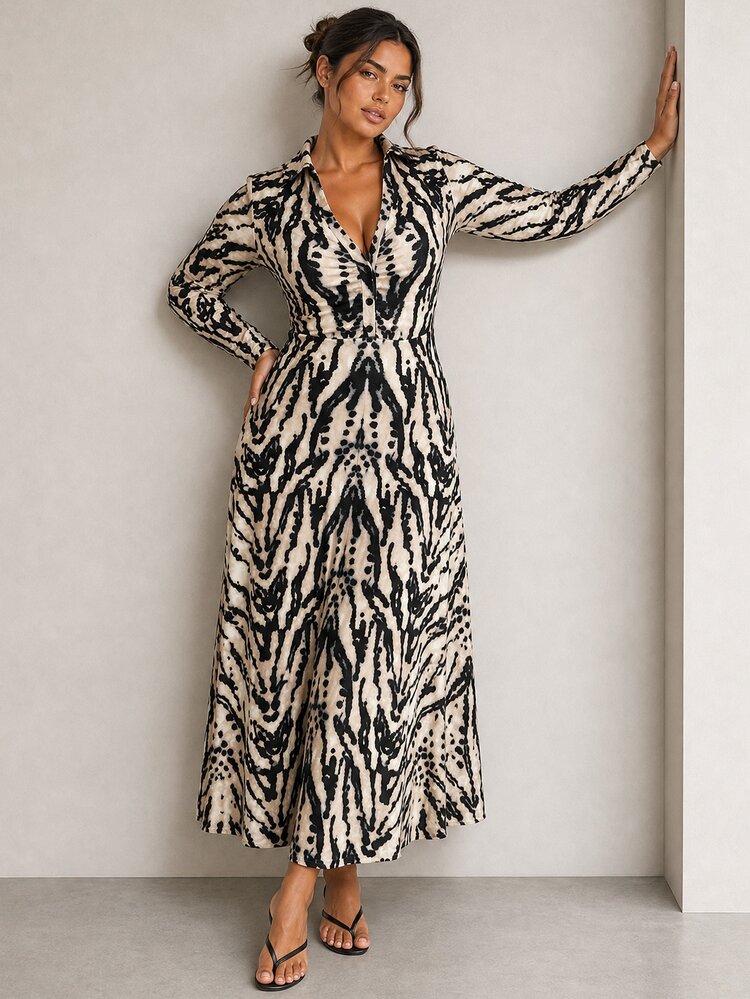ELLERISSA Plus Size Multicolor Animal Print Collared Long Sleeve Ruched Front Midi Dress Fall - Multicolor - View 1