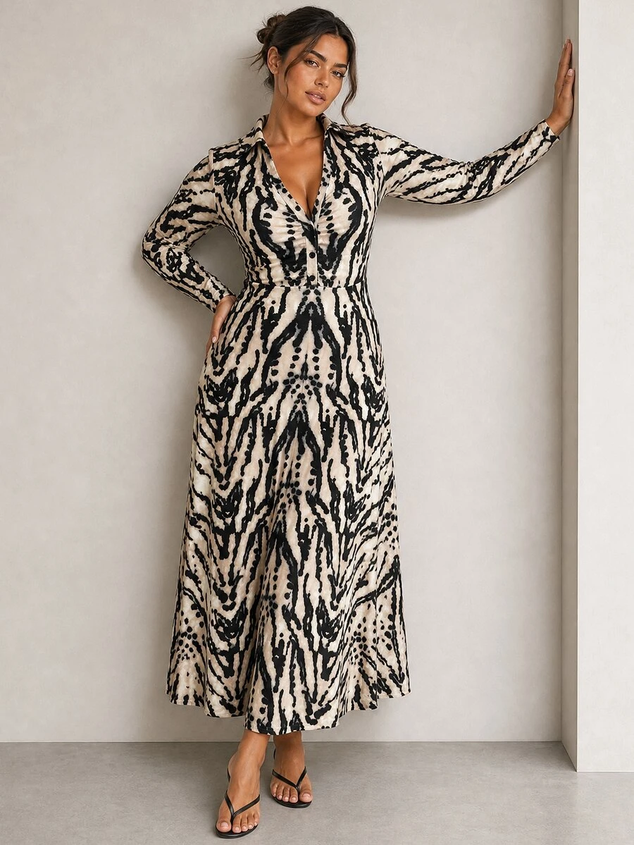 ELLERISSA Plus Size Multicolor Animal Print Collared Long Sleeve Ruched Front Midi Dress Fall - Multicolor - View 1