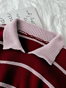 Flirla Red & White Striped Pattern Crew Neck Long Sleeve Sweater, Christmas - Multicolor - View 4