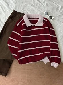 Flirla Red & White Striped Pattern Crew Neck Long Sleeve Sweater, Christmas - Multicolor - View 1