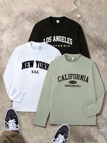 SHEIN Vacaura 青少年男孩 3 件組 Los Angeles New York California 字母圖案長袖 T 恤 休閒基礎款上衣 舒適簡約秋季穿搭 - 彩色 - 查看 1