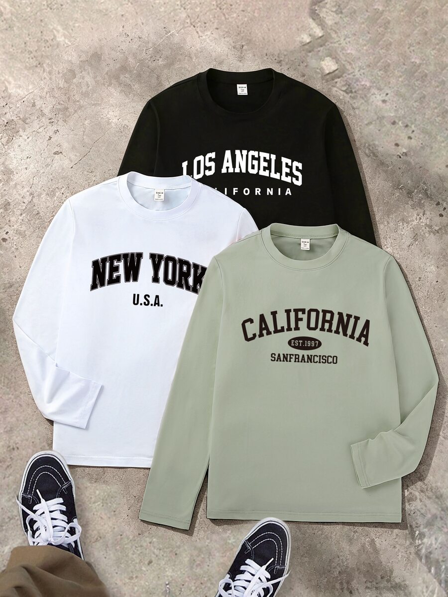 SHEIN Vacaura 青少年男孩 3 件組 Los Angeles New York California 字母圖案長袖 T 恤 休閒基礎款上衣 舒適簡約秋季穿搭 - 彩色 - 查看 1