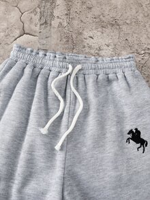 SHEIN 兒童青少年男孩休閒百搭簡約運動風小馬圖案灰色布料長褲針織運動褲直筒褲，適合日常穿著、上學、旅行、運動，春夏秋冬四季皆宜 - 灰色 - 查看 3