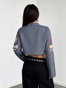 StreetHx Women's Streetwear Colorblock Patchwork Letter Print Cropped Motorcycle Jacket - Grey - View 2