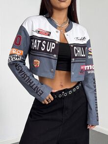 StreetHx Women's Streetwear Colorblock Patchwork Letter Print Cropped Motorcycle Jacket - Grey - View 4