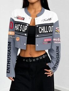 StreetHx Women's Streetwear Colorblock Patchwork Letter Print Cropped Motorcycle Jacket - Grey - View 3