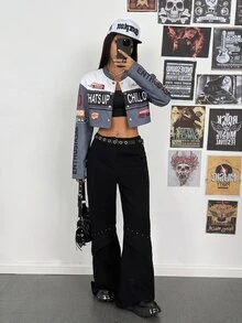 StreetHx Women's Streetwear Colorblock Patchwork Letter Print Cropped Motorcycle Jacket - Grey - View 5