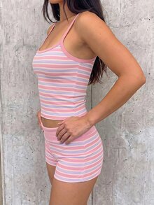 SHEIN EZwear 夏季對比飾邊細肩帶上衣與短褲套裝 - 粉色 - 查看 5