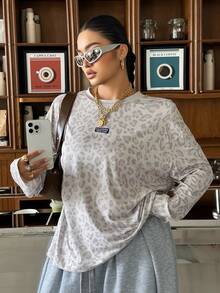 Muchica Plus Size Women's Leopard Print Crew Neck Drop Shoulder Long Sleeve Loose Casual T-Shirt Fall - Multicolor - View 2