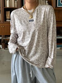 Muchica Plus Size Women's Leopard Print Crew Neck Drop Shoulder Long Sleeve Loose Casual T-Shirt Fall - Multicolor - View 7