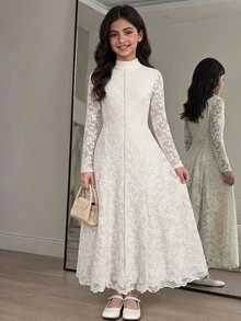 SHEIN Tween女孩秋冬休閒法式優雅米色蕾絲立領長袖收腰A字洋裝，派對聚會穿搭，適合開學季、日常穿著、假日洋裝、婚禮花童禮服 - 白色 - 查看 5
