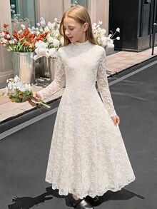 SHEIN Tween女孩秋冬休閒法式優雅米色蕾絲立領長袖收腰A字洋裝，派對聚會穿搭，適合開學季、日常穿著、假日洋裝、婚禮花童禮服 - 白色 - 查看 3
