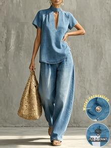 SHEIN Holidaya Denim Effect Print Daily Versatile Retro Casual Fashion Women's Set Vacation Light Blue Summer - Blue - View 1