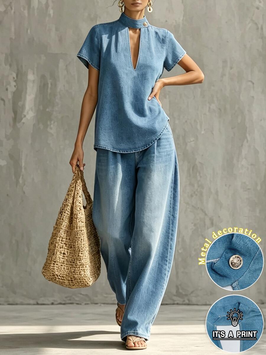 SHEIN Holidaya Denim Effect Print Daily Versatile Retro Casual Fashion Women's Set Vacation Light Blue Summer - Blue - View 1