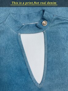 SHEIN Holidaya Denim Effect Print Daily Versatile Retro Casual Fashion Women's Set Vacation Light Blue Summer - Blue - View 6