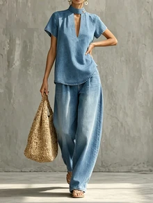 SHEIN Holidaya Denim Effect Print Daily Versatile Retro Casual Fashion Women's Set Vacation Light Blue Summer - Blue - View 4