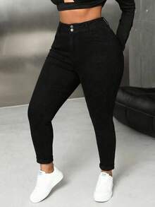 SHEIN Unity Plus Size Casual Baggy Smart Traditional Versatile Slim Fit Jeans For Women Formal Party Vacation Black Fall Going Out - Black - View 6