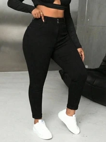 SHEIN Unity Plus Size Casual Baggy Smart Traditional Versatile Slim Fit Jeans For Women Formal Party Vacation Black Fall Going Out - Black - View 4