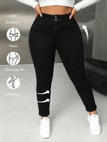 SHEIN Unity Plus Size Casual Baggy Smart Traditional Versatile Slim Fit Jeans For Women Formal Party Vacation Black Fall Going Out - Black - View 1