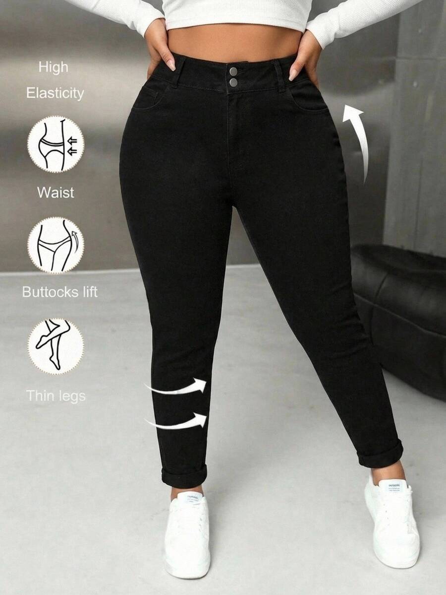 SHEIN Unity Plus Size Casual Baggy Smart Traditional Versatile Slim Fit Jeans For Women Formal Party Vacation Black Fall Going Out - Black - View 1