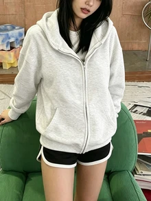 INAWLY 女款休閒端莊運動休閒風純色落肩連帽衛衣 秋冬畢業返校教師穿著 秋季運動黑色套頭衫 - 淺灰色 - 查看 2