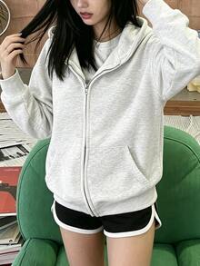 INAWLY 女款休閒端莊運動休閒風純色落肩連帽衛衣 秋冬畢業返校教師穿著 秋季運動黑色套頭衫 - 淺灰色 - 查看 3