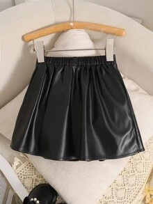SHEIN 少女秋冬休閒黑色PU可愛蝴蝶結裝飾百褶迷你裙，返校季日常穿著，時尚百搭純色修身休閒百褶裙 - 黑色 - 查看 2